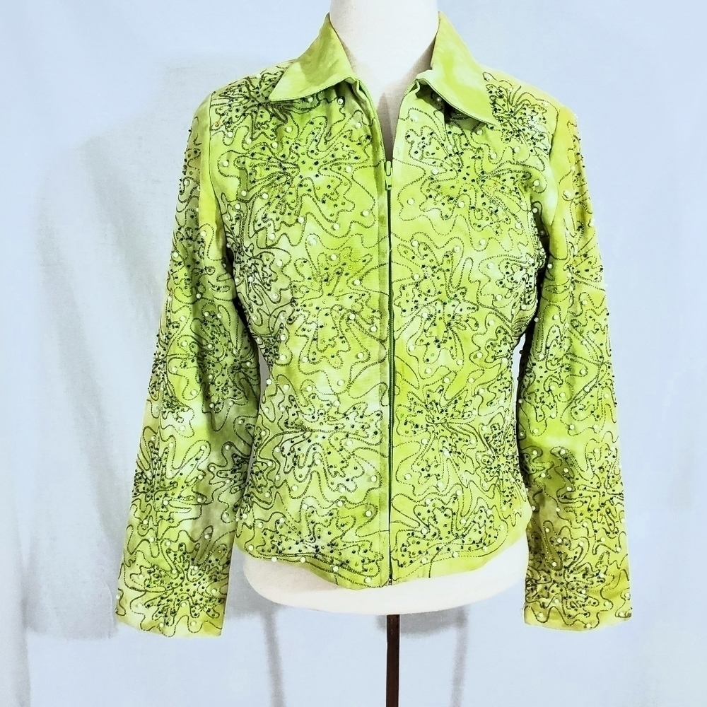 NWT Anage Green Sequin & Pearl Zip Jacket